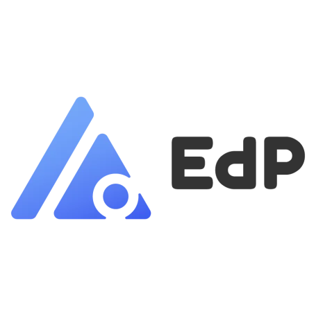 Logotipo de EdP con formas geométricas en tonos azul y negro.